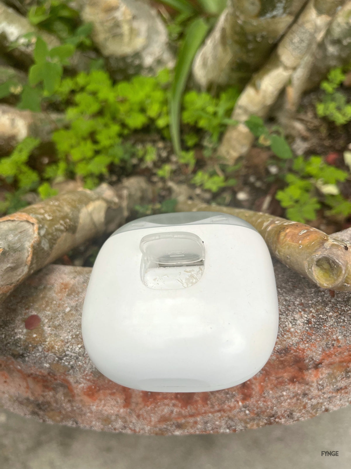 Top-down view of the back of the FYNGE trimmer on a stone among branches, clippings door visible