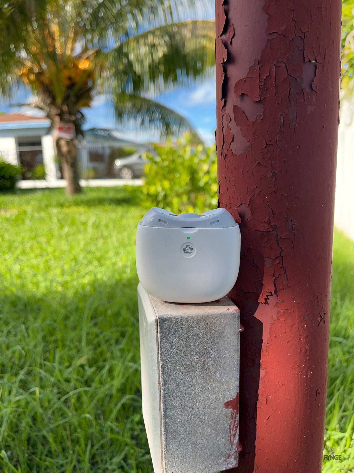 FYNGE trimmer standing on a stone block beside a red post